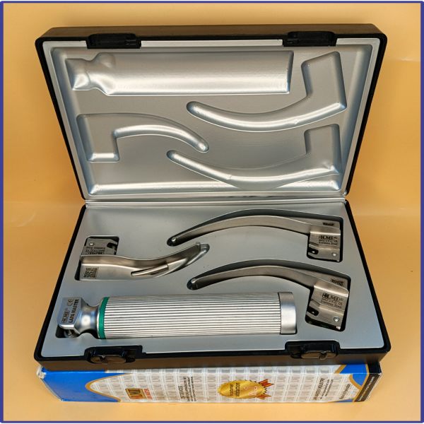 Laryngoscope Macintosh Fiber Optic 3 Blade 1-2-3 Set Adult Handle Premium Quality Plastics Box Blister Packing Sliver Gary Colour into Lapa Boxboard Box Packed